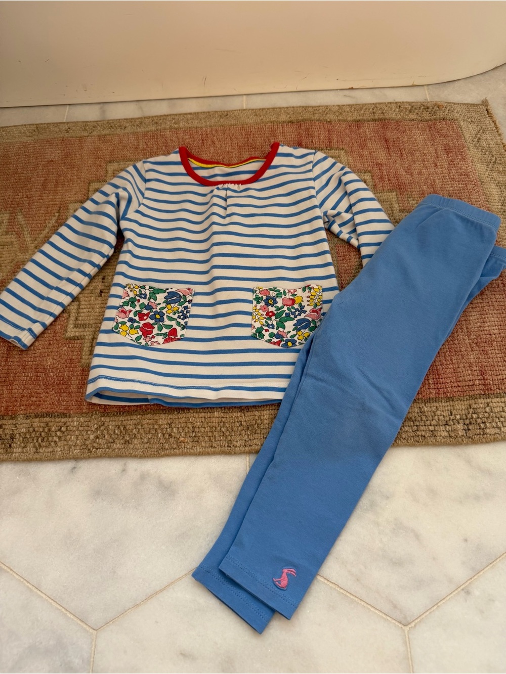 Joules Blue Pants & Striped Top with Floral Pocket Accents
